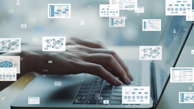 Woman using laptop and business data concept