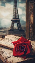Romantic Parisian scene with red rose and aged books. Eiffel Tower in background