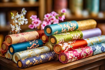 美しい和柄の着物生地、色とりどりの織物