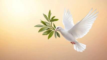 Fototapeta premium White Dove with Olive Branch, Symbolizing Peace, for Peace Themes, Celebration Events and Other Scenarios