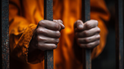 Close-up of hands holding prison bars, wearing an orange jumpsuit, with a blurred background.