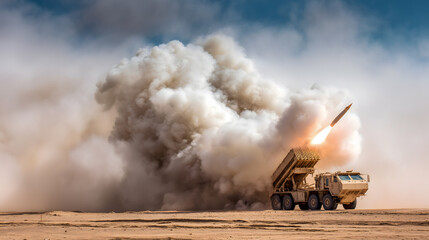 Multiple Launch Rocket System vehicle in the desert, with a missile being launched. Thick white smoke billows from the missile's exhaust as it takes flight into the sky.