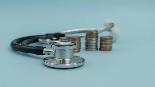 Stethoscope and coins, symbolizing healthcare costs and financial burdens, medical expenses, health insurance, and economic impact