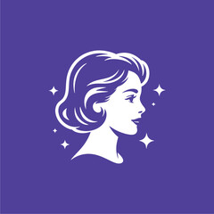 Elegant white silhouette of a woman's head in profile, surrounded by sparkling stars against a solid purple background.