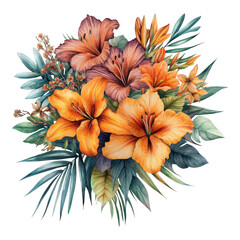 Fototapeta premium A watercolor bouquet of orange and purple lilies with tropical leaves and foliage transparent background