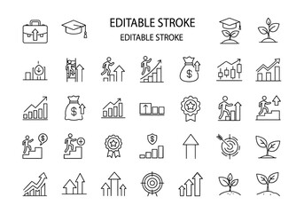 Line icons set for business growth, success, education, and financial development.