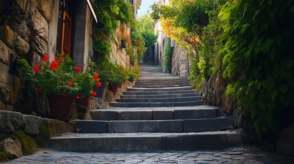Obraz premium Stone steps ascend through a charming, flower-filled alleyway