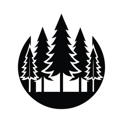 Obraz premium Vector art of black silhouette of a forest of pine trees inside a circle, isolated