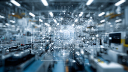 Digital network overlay on industrial manufacturing setting with conveyor belt system blurred