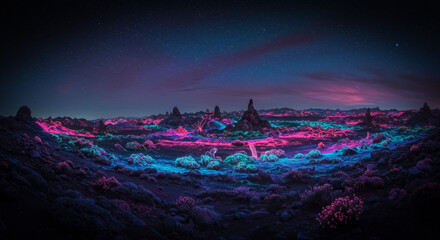 Beautiful fantasy landscape. Magical, fabulous neon glow.