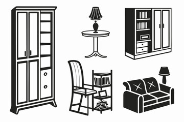 Black and white vector icons of home furniture set.