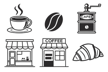 Coffee Shop Icons Cup Bean Grinder Shops Croissant.