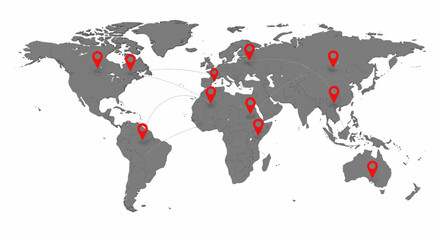 3D world map with multiple red location pins placed across different continents. Minimalist gray globe design with highlighted regions and markers for global network or international business concept,