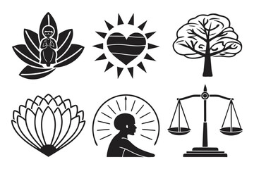 Diverse Symbolic Icons Representing Life Love Nature and Justice.