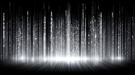 Digital code streams cascade across a dark backdrop.