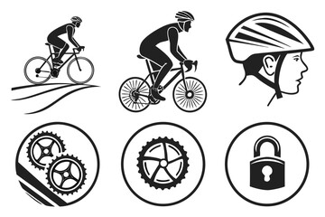 Set of black vector icons for cycling sport and equipment.