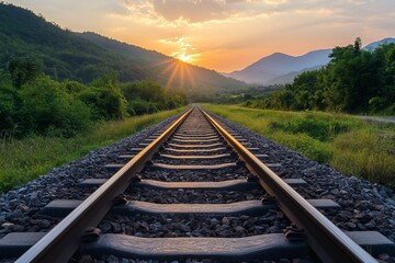 Fototapeta premium Railroad tracks leading into a sunset over mountains