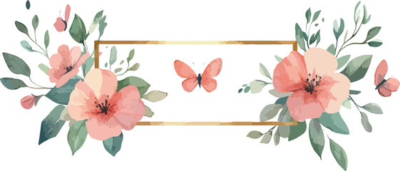 Elegant watercolor floral frame with delicate pink flowers and butterfly accents