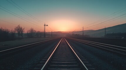 Railroad tracks stretching into a sunset