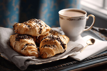 Flaky chocolate hazelnut croissants with coffee at cozy table