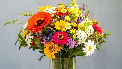 Vibrant Mixed Flower Bouquet in Glass Vase Against Gray Backdrop
