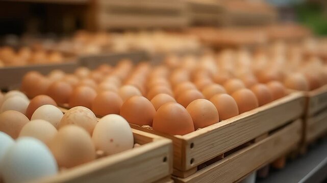 Fresh brown eggs in wooden crates create a rustic and natural food display