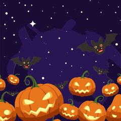 Halloween night scene with cartoon pumpkins and bats in a starry night sky. Cute, spooky Halloween design with jack-o'-lanterns and bats flying in the night sky.