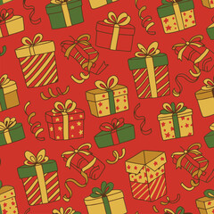 Christmas gift boxes in various patterns and colors on a red background. A festive and playful design for wrapping paper, fabric, or other surface.