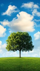 Fototapeta premium Single tree on grassy hill under a vibrant blue sky