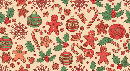 Flat lay image of a festive Christmas pattern featuring hand-drawn gingerbread men, ornaments, candy canes, and holly berries against a beige background, creating a warm and cheerful