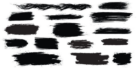 A vector set of black ink and watercolor splashes with grunge brush strokes and dirty paint stains for your artistic design projects. set of black paint brush. 
