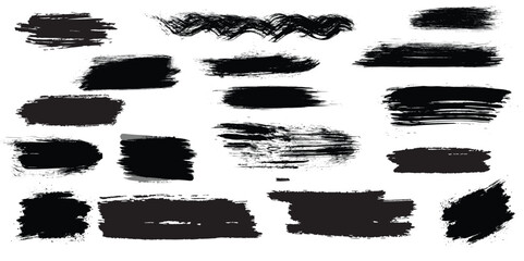 A vector set of black ink and watercolor splashes with grunge brush strokes and dirty paint stains for your artistic design projects. set of black paint brush. 