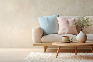 Enjoy a cozy moment with a steaming cup of coffee in a calm, elegant setting