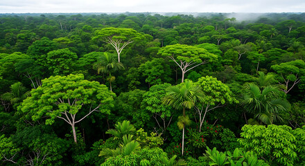 Naklejka premium Aerial view of a dense rainforest canopy with lush green trees and a slightly overcast sky above it