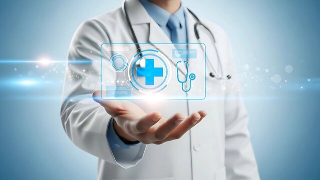 Doctor Holding Futuristic Medical Hologram Healthcare Innovation