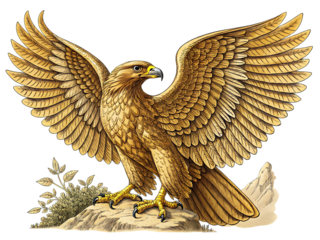 A golden eagle with wings spread perched on a rock with leaves against a black background illustration created with generated ai