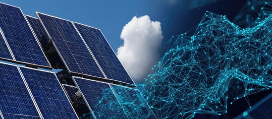 Solar panels against a backdrop of interconnected data points.  Modern renewable energy technology overlaid with a network graphic