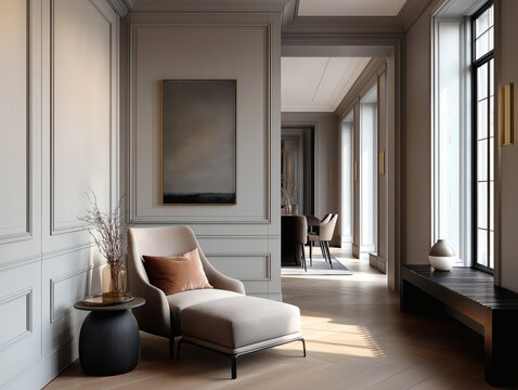 Aesthetic beautiful elegant  modern luxury interior design. Clear mock up empty wall for decoration in the apartment, painting frame. Copy space in the room.