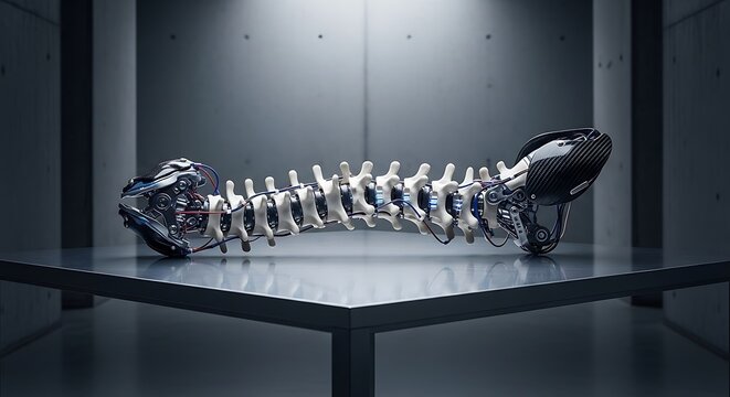 Futuristic concept showing advanced spinal augmentation with robotic components