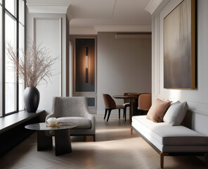 Fototapeta premium Aesthetic beautiful elegant modern luxury interior design. Clear mock up empty wall for decoration in the apartment, painting frame. Copy space in the room.