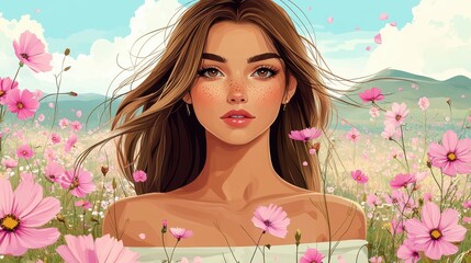 A whimsical scene featuring a cute girl in a flowy white dress, standing amidst vibrant pink flowers under a clear blue sky.