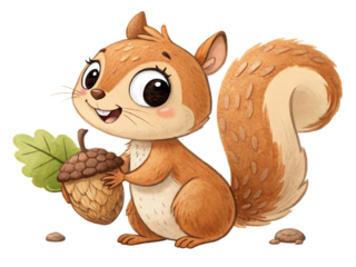 A cartoon squirrel holding an acorn with a leaf attached and small rocks on a black background created with generated ai