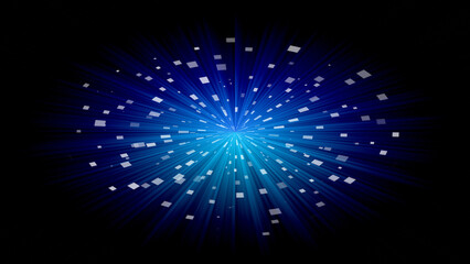 Blue abstract explosion with glowing light sparks spreading across the dark background