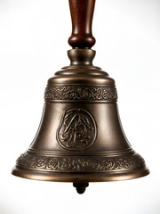 A realistic close-up of a single, antique bronze Christmas handbell with a wooden handle.