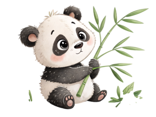 A cute panda bear sitting and holding a bamboo stalk with green leaves on a black background art created with generated ai