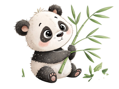 A cute panda bear sitting and holding a bamboo stalk with green leaves on a black background art created with generated ai