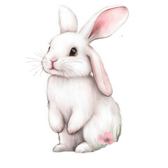Fototapeta premium Side profile of a cute white bunny rabbit with pink flowers, isolated on transparent background