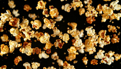 A dynamic close-up of sweet caramel coated popcorn kernels suspended in motion against a solid black background.