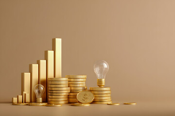 Golden growth chart with lightbulbs, representing business innovation and finance
