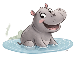 Cartoon hippo sitting in water with a happy expression and visible tail and grass in the background created with generated ai